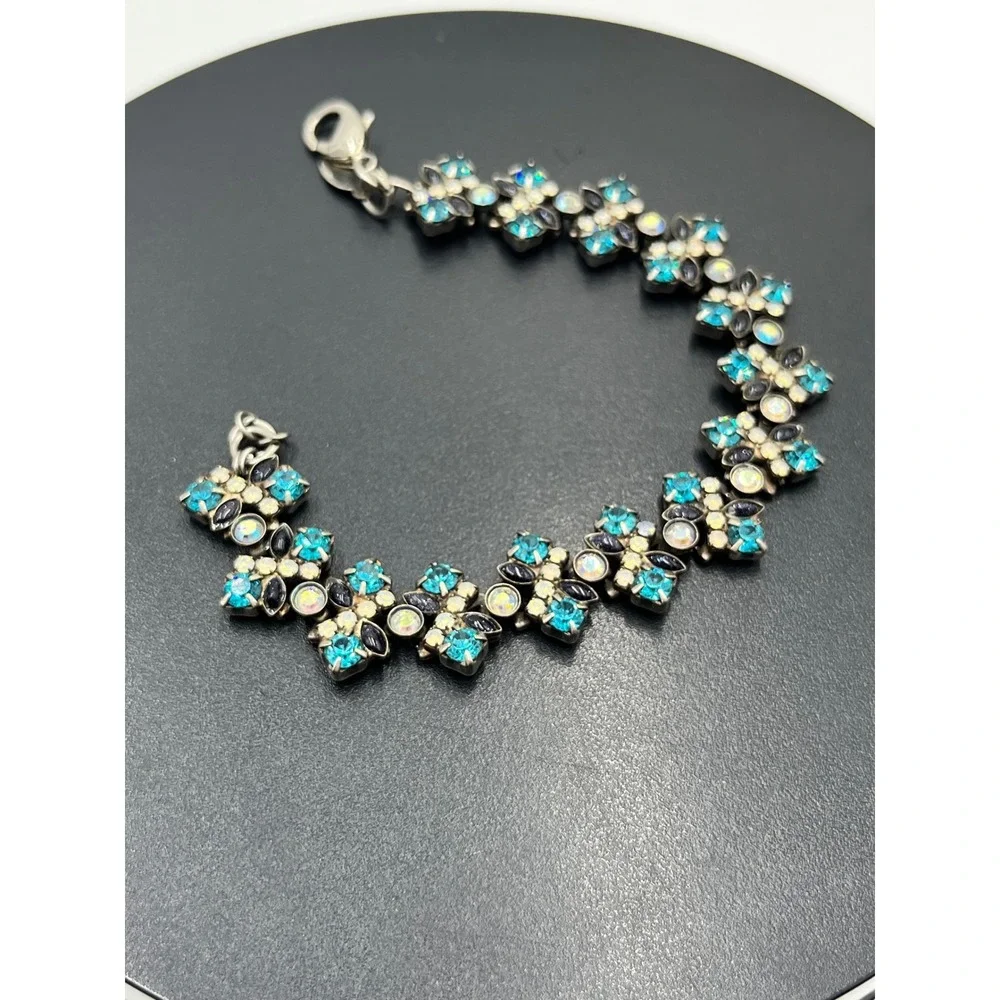 SORRELLI Teal Blue & White Crystal Geometric Antiqued Silver Bracelet